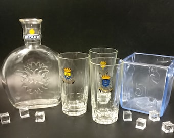 Ensemble CARAFE, SEAU à glace  et 3 VERRES, Pastis 51, ricard, Duval vintage