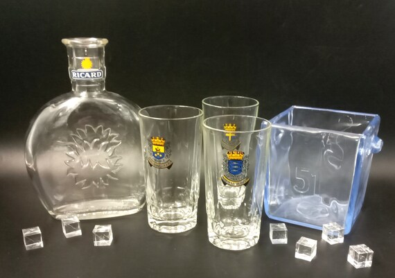 CARAFE set, ice BUCKET and 3 GLASSES, Pastis 51, ricard, vintage Duval