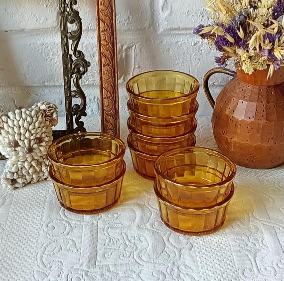 8 Vereco vintage amber glass ramekins, France