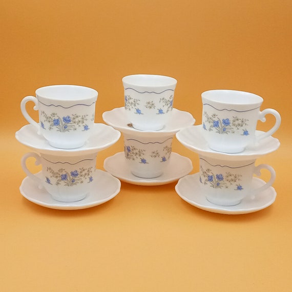 6 ARCOPAL 1980s retro vintage opaline glass milk cups and saucers