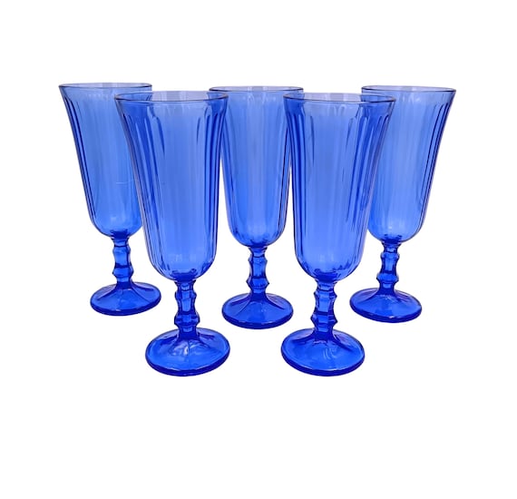 5 pretty vintage cobalt blue glass FLUTES