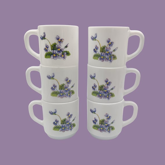 6 Arcopal espresso cups with vintage Violets France decor
