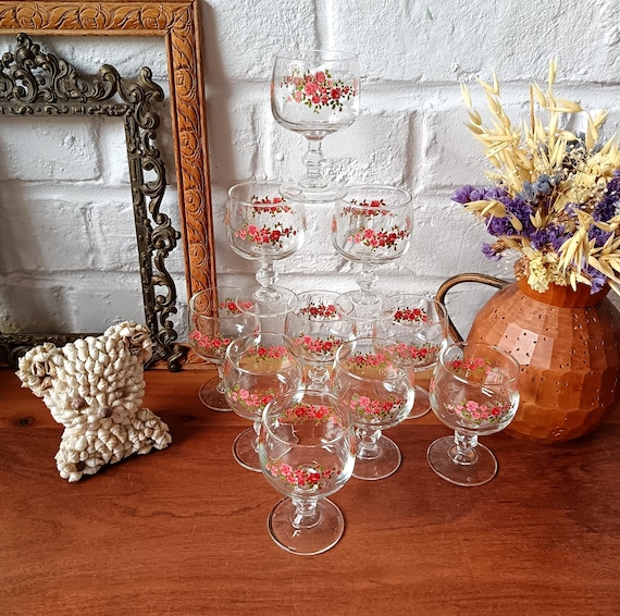 10 antique stemmed liqueur glasses, vintage shot glasses, floral decoration