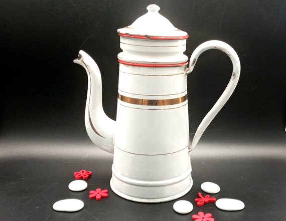 Large chic country enameled COFFEE POT, old white enamel kettle or coffee pot 1940