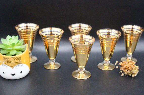 6 pretty golden stemmed GLASSES, vintage France 1950s