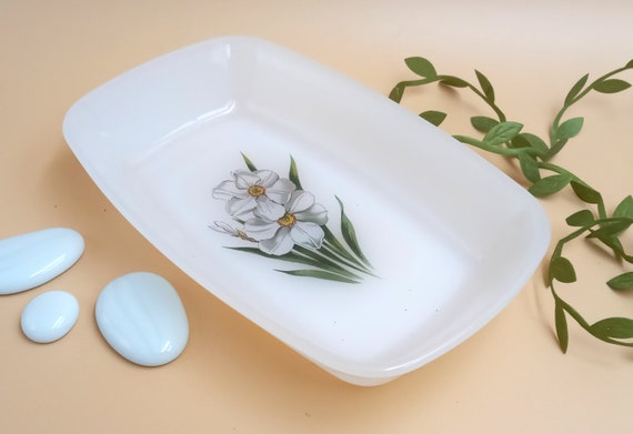 Vintage arcopal BUTTER DISH, France 1960, opaline floral decoration