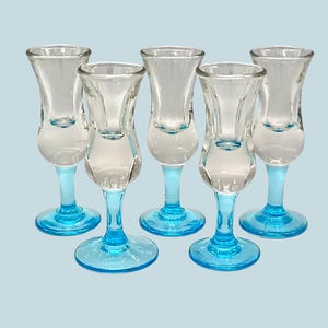 5 Superb antique liqueur glasses on turquoise stems, vintage