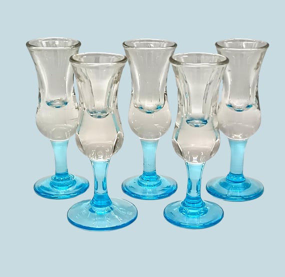 5 Superb antique liqueur GLASSES on turquoise foot, vintage