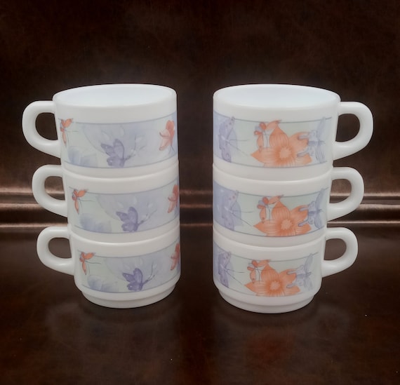 6 Arcopal French opaline cups with paradise motif
