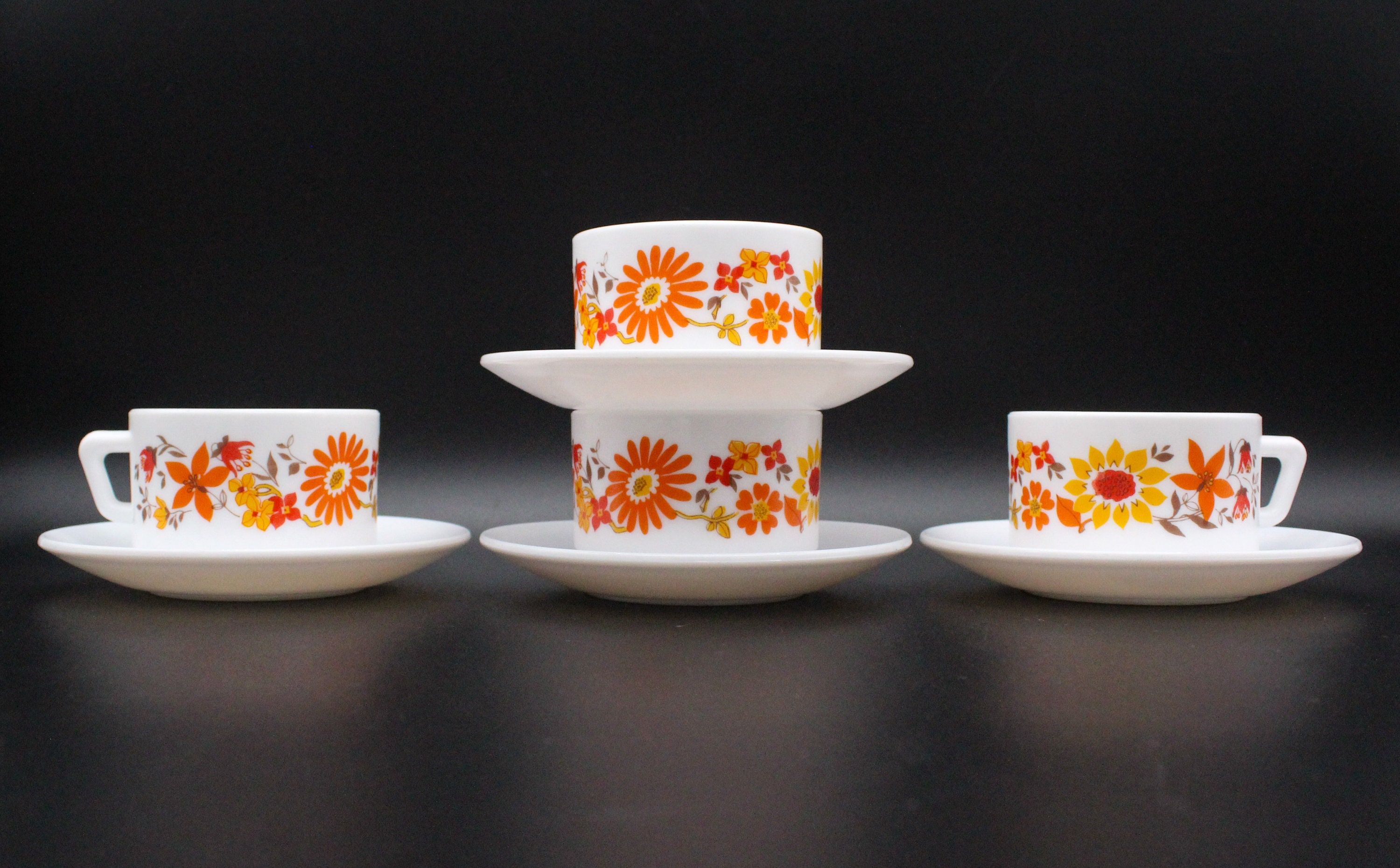 4 Tasses à Expresso Arcopal Décor Floral Orange France Vintage