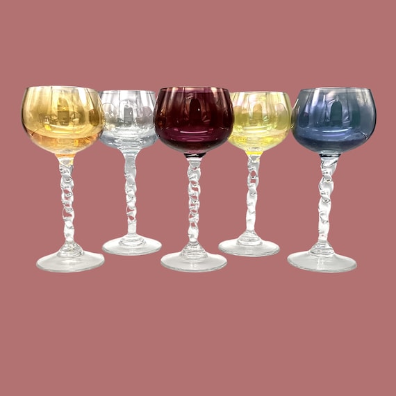 5 pretty stemmed GLASSES, multi-colored in vintage harlequin colored glass