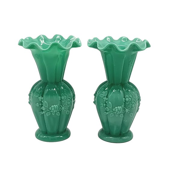Pair of antique green opaline fairground vases, vintage, French