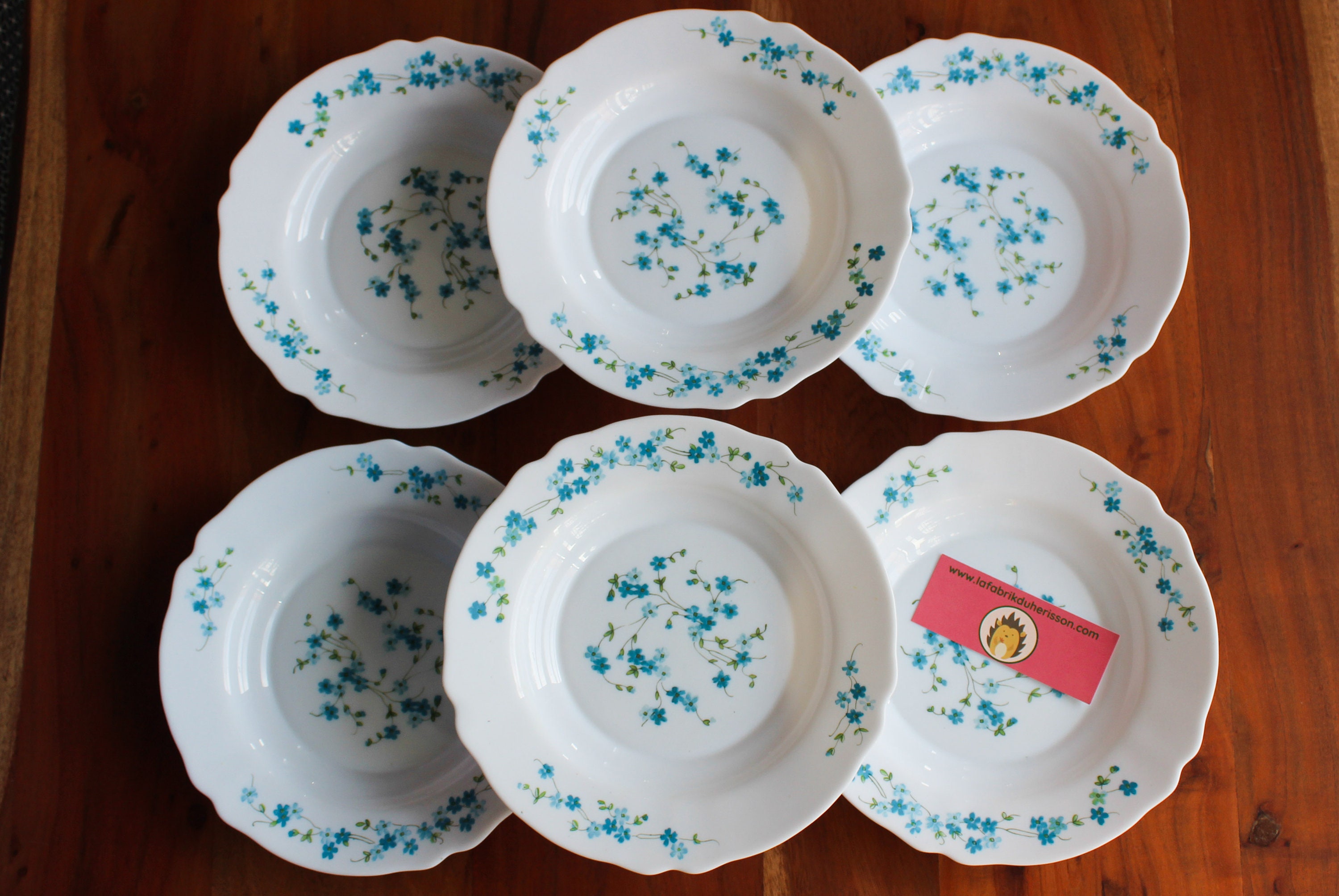 6 Assiettes Creuses Opaline Française Arcopal Motif Myosotis