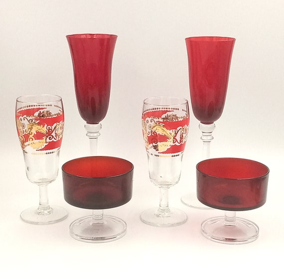 6 Assorted Vintage Red Gold Glasses, Wine Glass Flutes