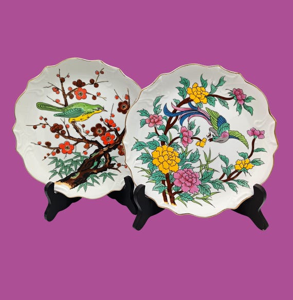 Duo porcelain PLATES with vintage bird motif Korea