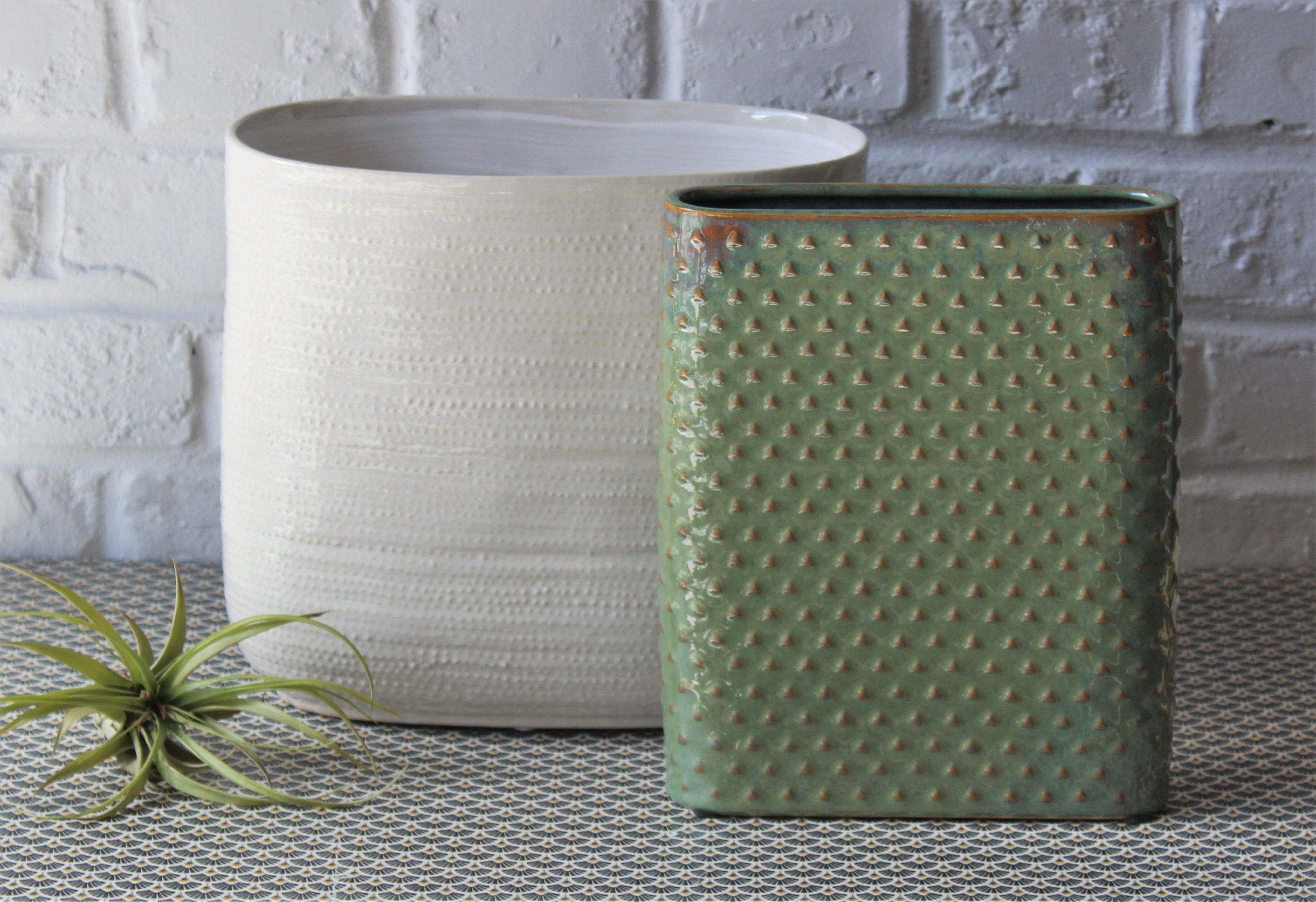 Duo de Vases Marque D&m Céramique Texturée Beige Vert