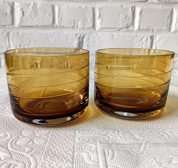 2 large vintage amber colored glass candle holders, made in France by Mikasa, mouth-blown