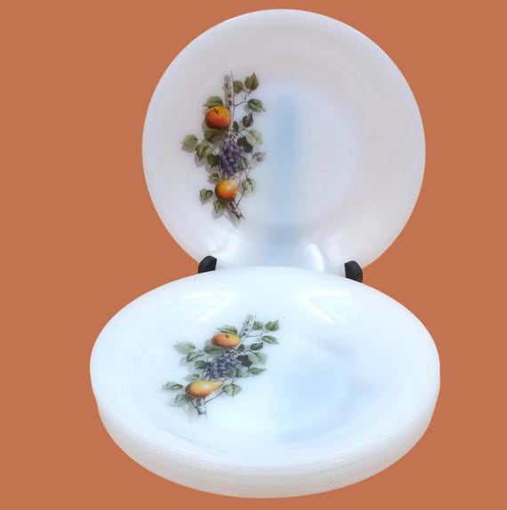 6 French opaline hollow PLATES ARCOPAL "fruits of France" motif, 1960s