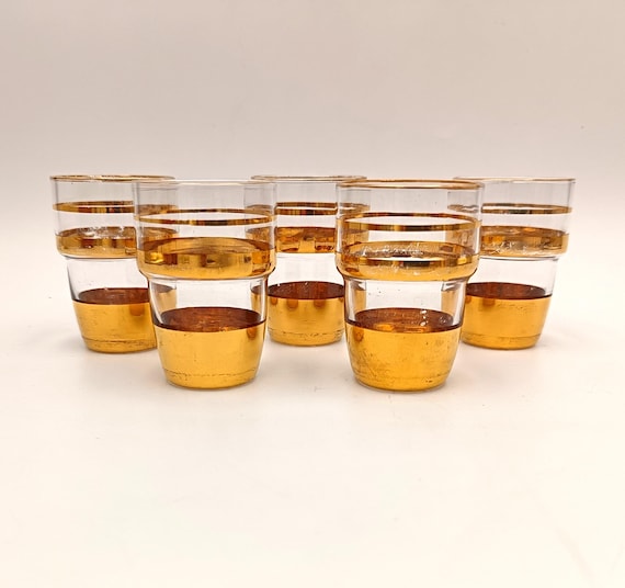 5 vintage 1950s liqueur GLASSES with gold trim