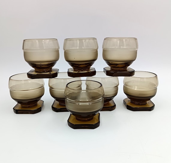 8 vintage art deco smoked glass liquor glasses