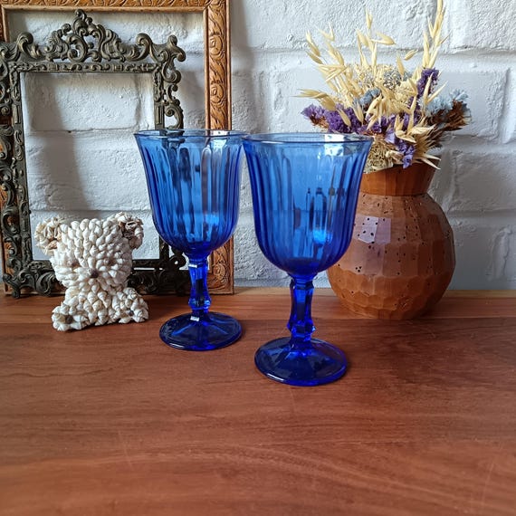 2 vintage cobalt blue stemmed glasses