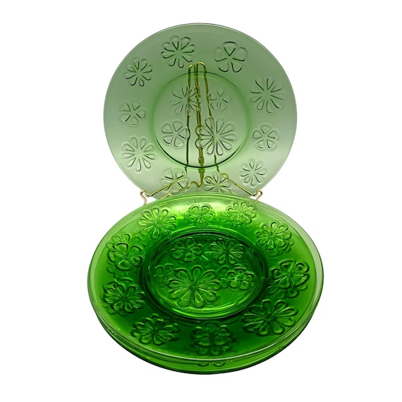 4 VERECO vintage green tempered glass dessert plates, flower pattern