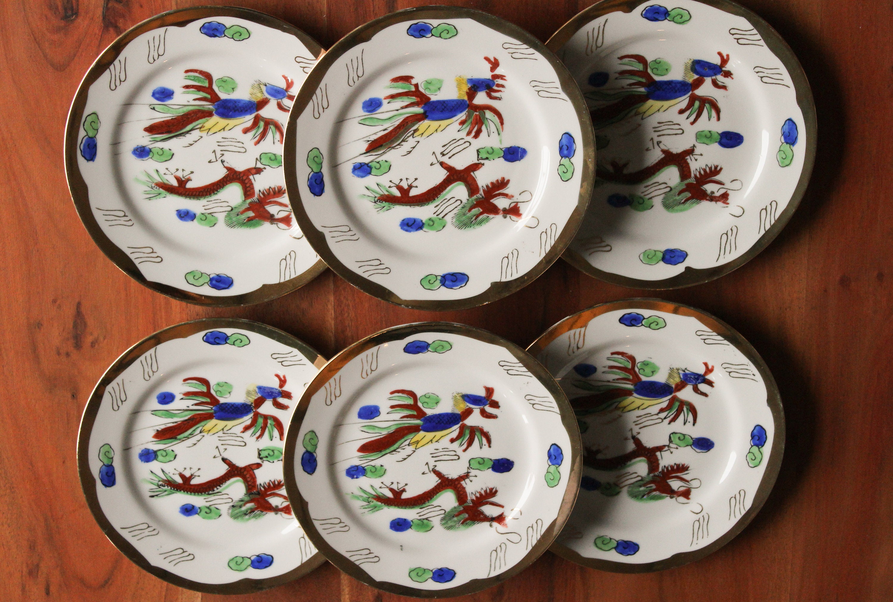 6 Assiettes Dessert Porcelaine Motif Dragon et Phoenix