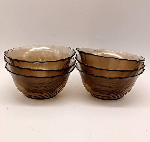6 ARC France vintage smoked glass dessert bowls