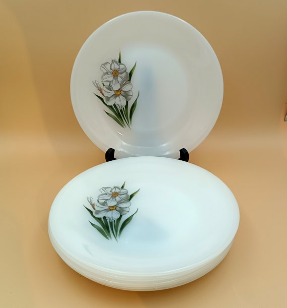 6 flat plates in French opaline Arcopal with "narcissus" motif