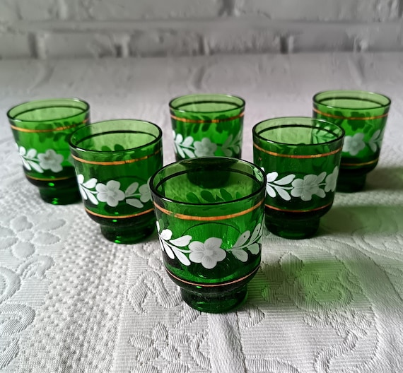 6 green liqueur glasses with vintage white floral decor