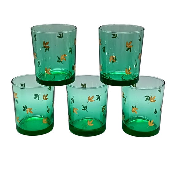 5 small GLASSES, 12 cl, emerald green and gold, vintage France Luminarc
