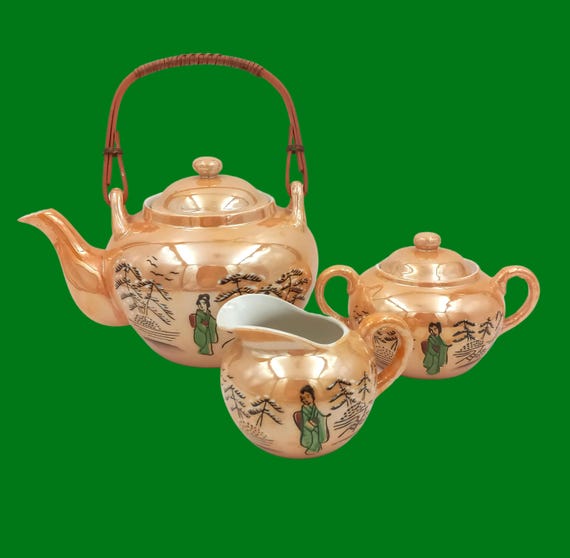 Vintage Japanese fine porcelain coffee set with green geisha design, made in Japan 1950s/60s