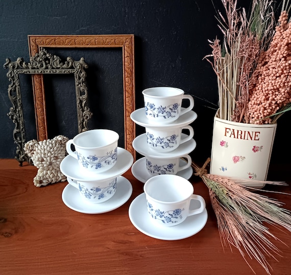 6 Arcopal "Aster" 16cl cups, blue flower design, vintage France