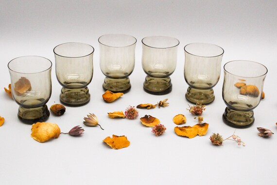 6 vintage smoked glass shot glasses