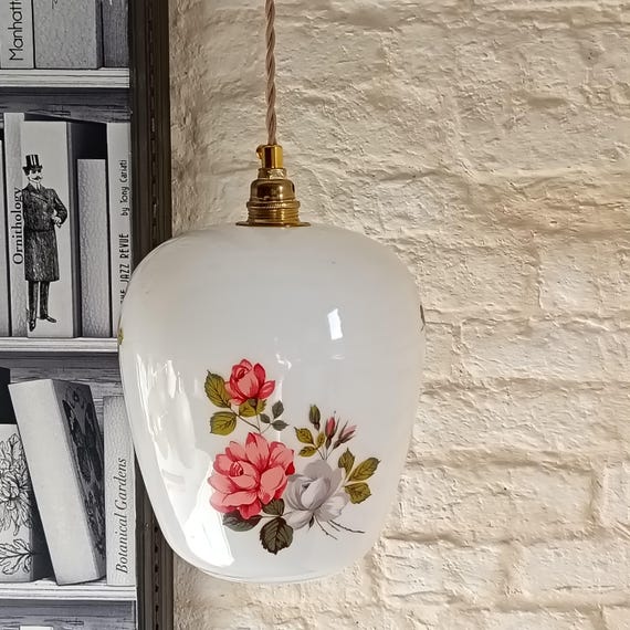 Vintage opaline glass pendant light, pink and white floral pattern, 1960s, SOPHIE Pendant Light