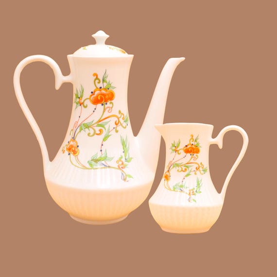 Vintage coffee maker and creamer, green and orange decor. Signed F D Chauvigny, France