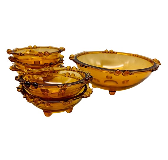 SALAD BOWL and 5 BOWLS from the 30s in vintage amber molded glass Sowerby