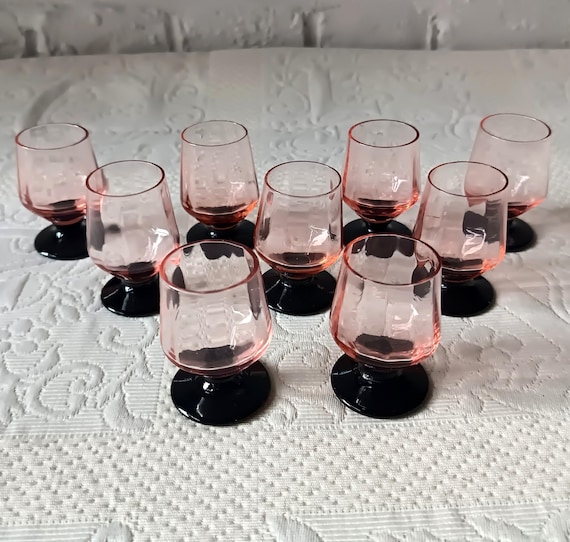 9 French liqueur glasses pink black foot Vintage France