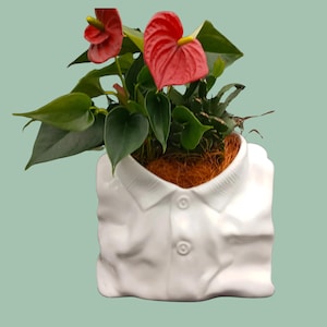 Vintage white ceramic plant pot, crumpled shirt