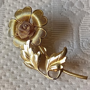 Broche Vintage Motif Rose - Doré - Métal - Bijou Ancien