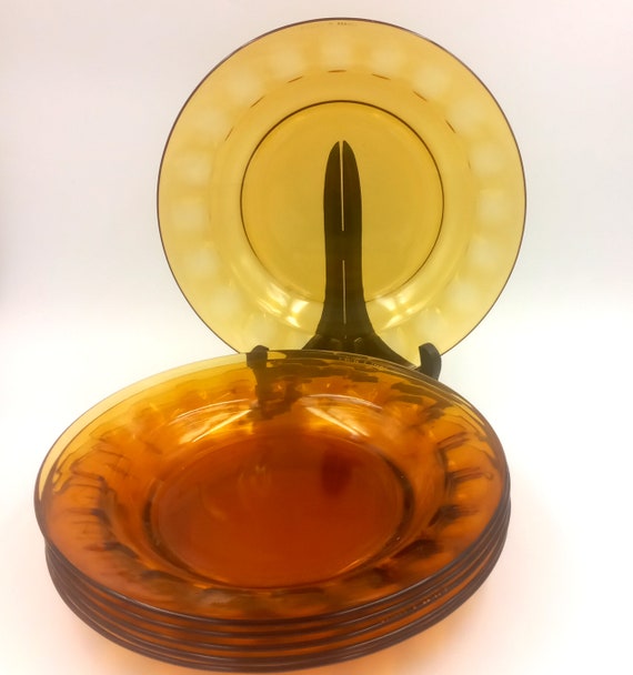 6 vintage ARCOROC amber tempered glass hollow PLATES