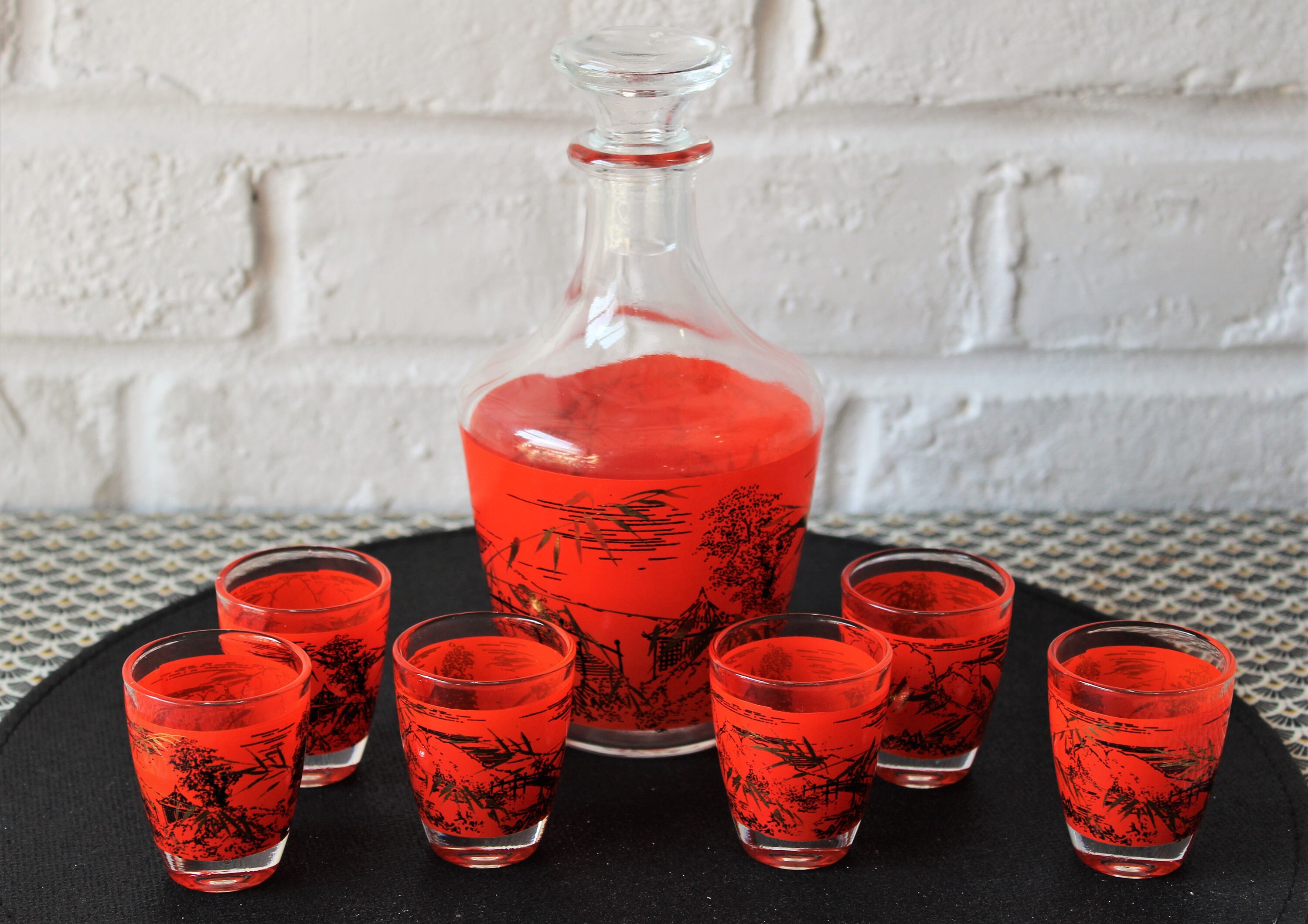 Carafe Décor Asiatique Orange, Carafe Eau Vin, Pichet Vintage, Décor de Pont, Pagode. Vintage França