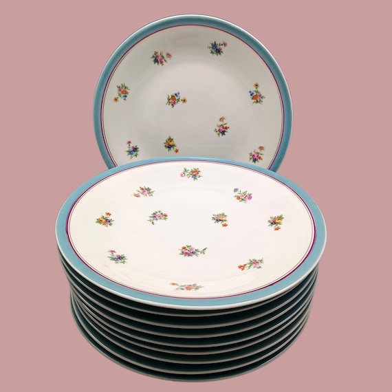 8 vintage porcelain plates with multicolored flower pattern, France