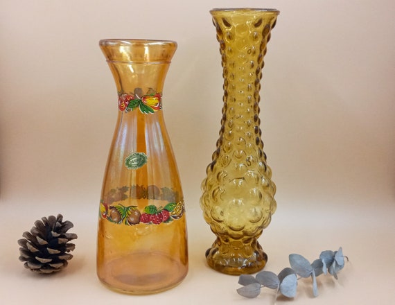 Vintage VASE in amber glass, blown glass, retro pressed glass