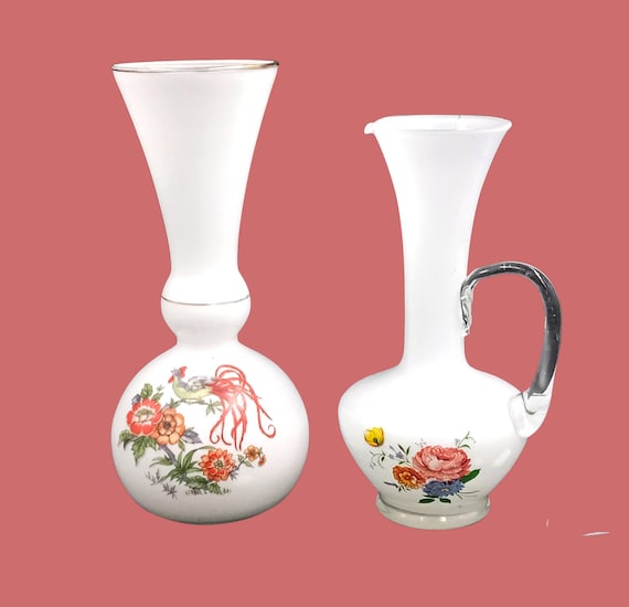 Duo of VASES in vintage white milk glass, Asian inspired decor, retro chic