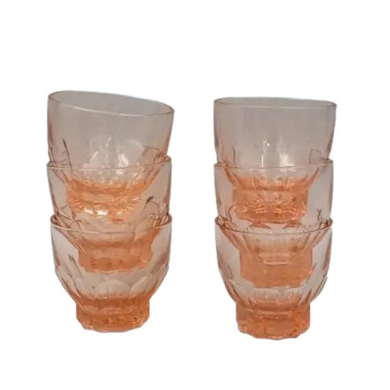 5 or 6 pink GLASSES 7.5 cl retro star foot in pink glass 1950, pink glass water glasses