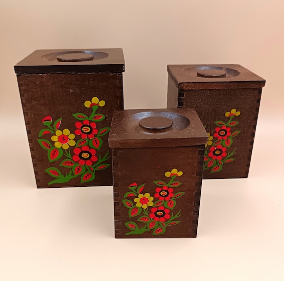 Charming Mid-century kitchen POTS, wooden pots with flower decor