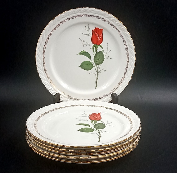 6 vintage French dessert PLATES with red rose pattern Faïencerie de Saint-Amand, vintage “La rose” model