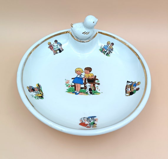 Vintage baby warming PLATE in PFC porcelain France, childish patterns