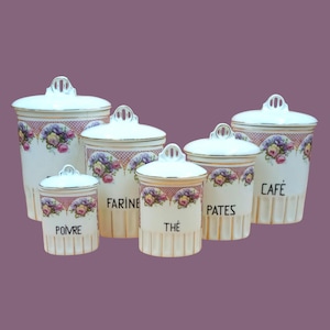 6 Art Deco Spice Jars, vintage, food boxes, flour, sugar, tea, coffee, pepper, pasta